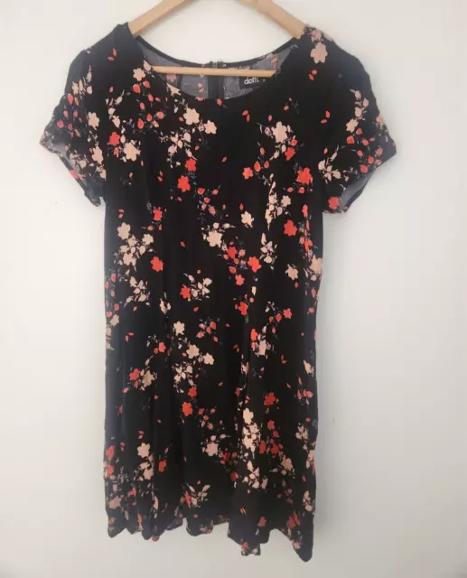 Womens  Short Sleeve Floral Print tea Dress Sz 12 Black red Dotti