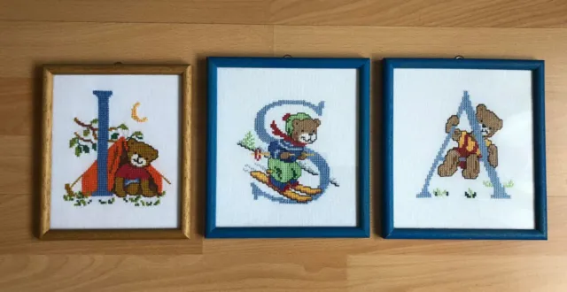 3 Gestickte Bilder  - Bärchen - Teddy - Kindermotiv - Aidastoff - Kreuzstich