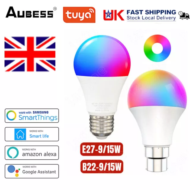 WiFi RGB Smart LED Light Bulb E27/B22 9W/15W RGB Color Lamp for Alexa Google ~UK