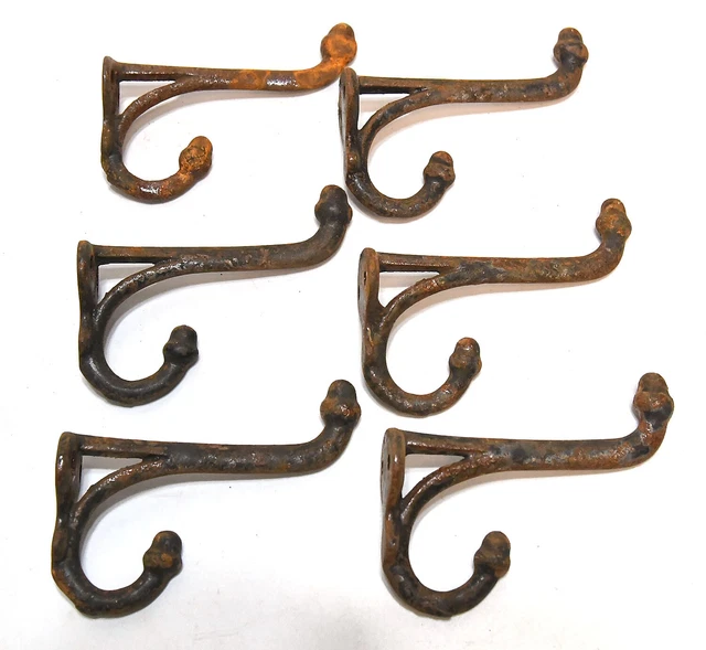 6 Vintage Matching Metal Acorn Tip Wall Coat Or Hat Double Prong Hooks