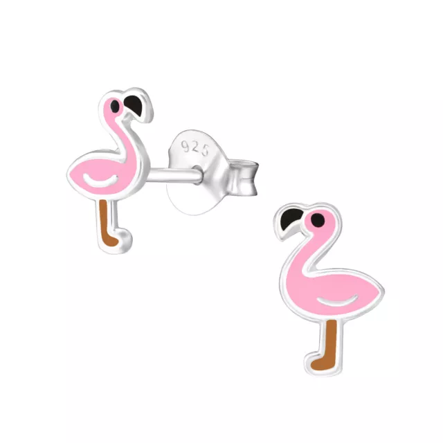 925 Sterling Silver Flamingo Pink Bird Children Kids Girls Stud Earrings