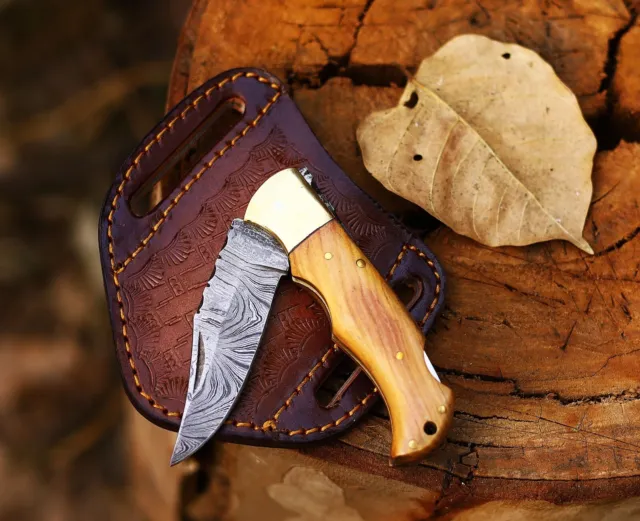 Klappmesser-Taschenmesser-Jagdmesser aus Damaststahl-Griff aus Olivenholz,