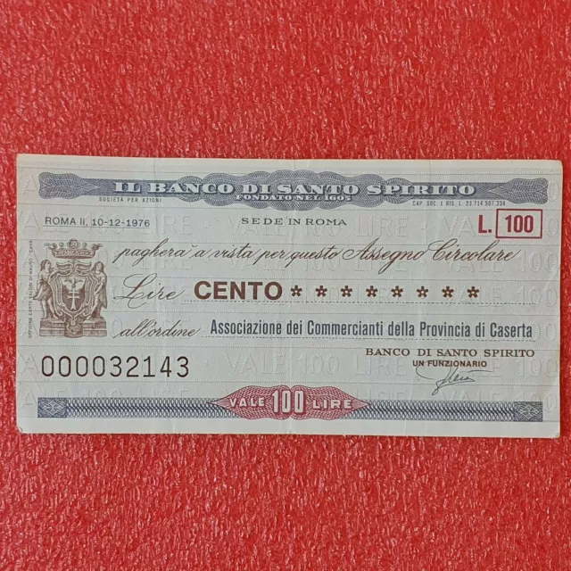 Miniassegno assegno circolare 100 lire il banco santo spirito roma 1976 caserta