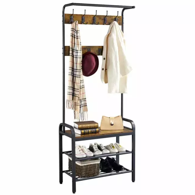 Industrial Hall Tree with Bench & Shoe Storage Coat Rack Shoe Bench with 9 Hooks