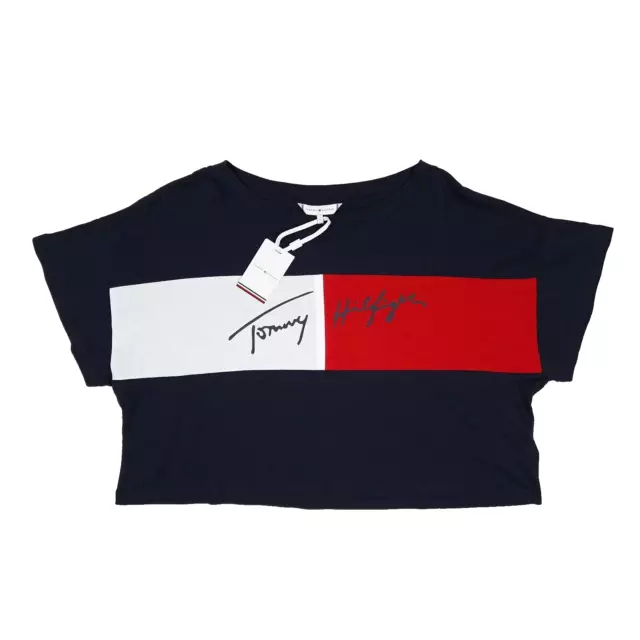 Tommy Hilfiger L Navy T-shirt Women's Desert Sky Flag Spellout Logo Cropped Top
