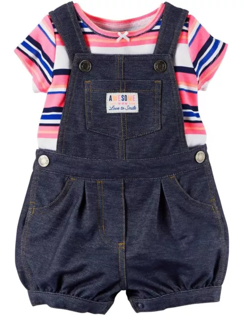 Carters BABY Girls 6M Infant 2-Pc TEE SHORTALLS SET Blue Overalls Pink White Top