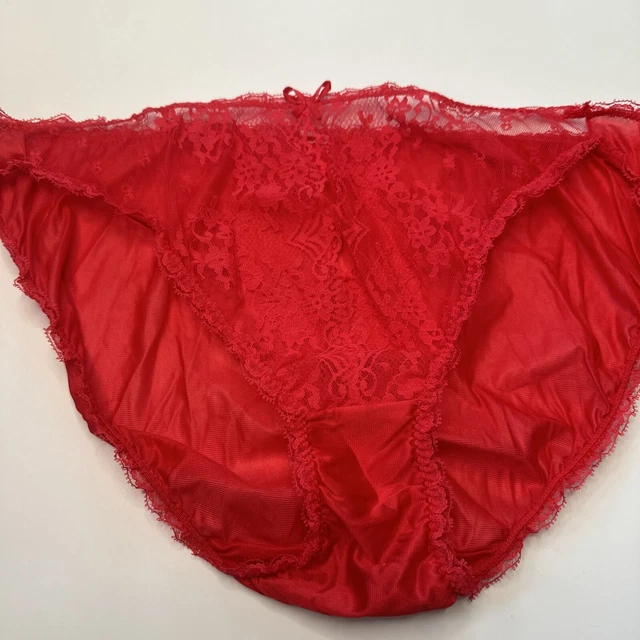 VTG PANTIES RED Bikini Tricot Nylon Brushed Gusset Large Delicate Lace