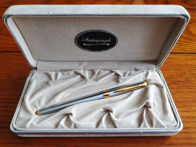 Autograph Roller Ball Pen Polished Silver Finish Gold Trim In Presentation Case