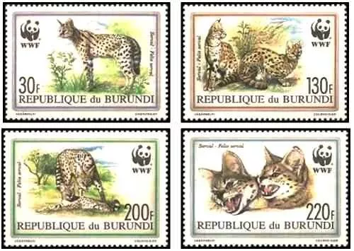 Timbres Animaux Mammifères Félins Serval Burundi 968/971 * (66632DT) - cote: 20€