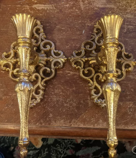 Vintage Brass Wall Sconces Taper Candle Holders Set of 2 Hollywood Regency