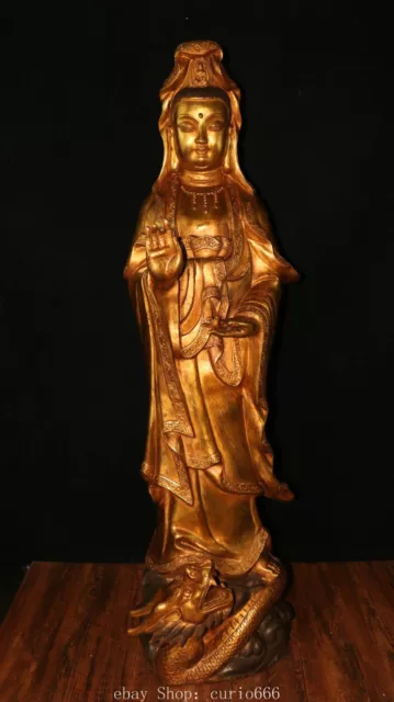 46'' Da Old Purple Bronze 24K Gold Dragon Kwan-yin Guan Yin Boddhisattva Statue