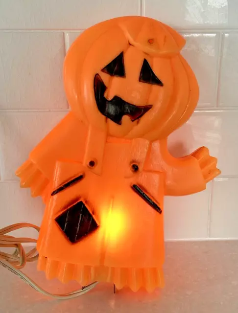 Halloween Jack O Lantern Pumpkin Overalls Blow Mold 2 Sided Lighted Vintage