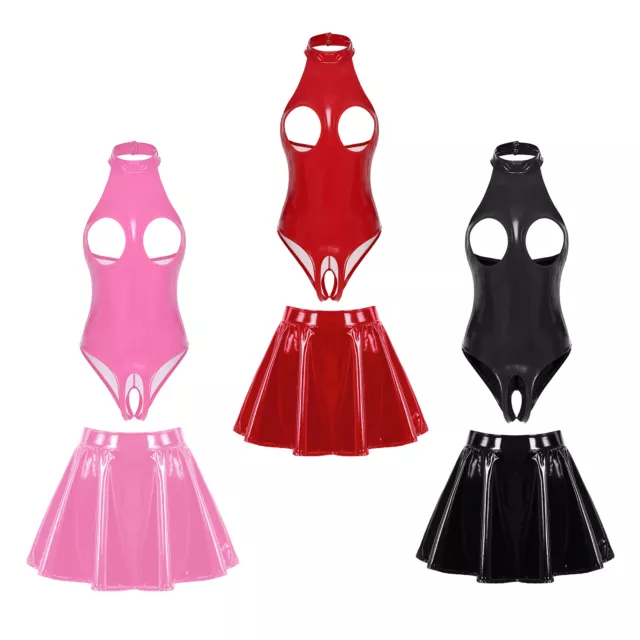 Outfit donna bottoni a pressione lingerie set biancheria da notte sexy wetlook clubwear 2 pezzi