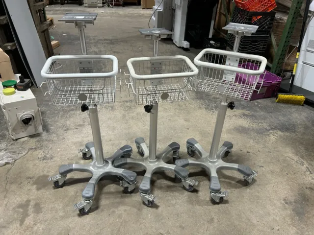 Lot of (3) Medical Rolling Cart Stands with Basket (for patient monitors)