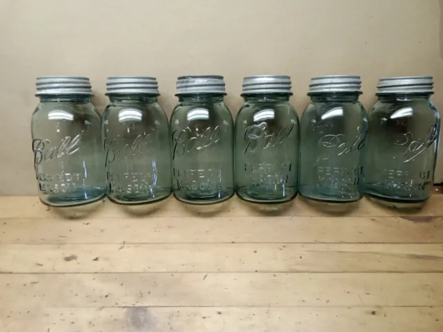 Lot of 6 Vintage Ball Perfect Mason Blue Glass Quart Canning Jars w/ Zinc Lids