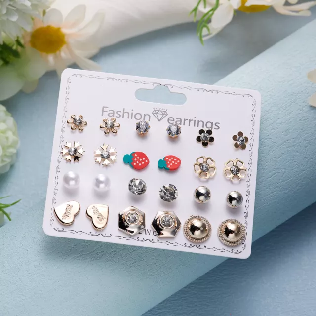 Fashion 12 Pairs Pearl Crystal Flower Earrings Set Ear Stud Women Jewellery Gift