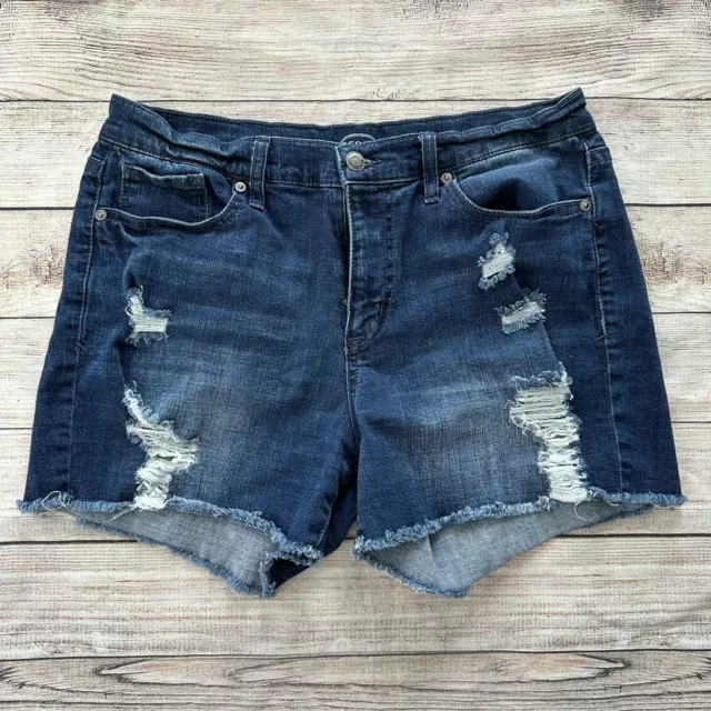 Scoop Women's Dark Wash Denim Jean Shorts Distressed Raw Hem Size 6