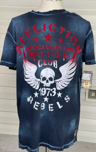 Affliction Men's T-Shirt NWT XL Extra Large Black Amer. Flag Skull Wings Biker