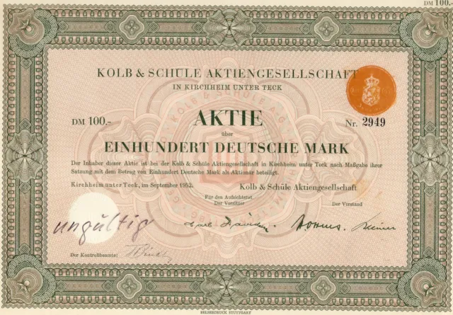 Kolb & Schüle AG Aktie über 100 DM Schmuckstück