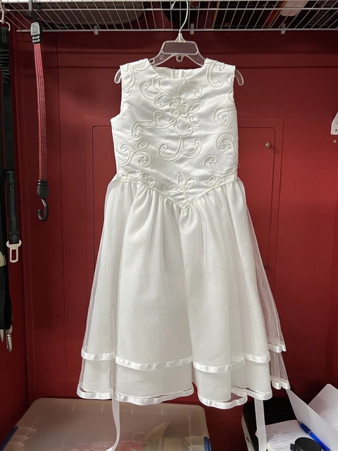 Little Girl  Communion Flower Girl Dress White Embroidered Beaded Crinoline Sz 7
