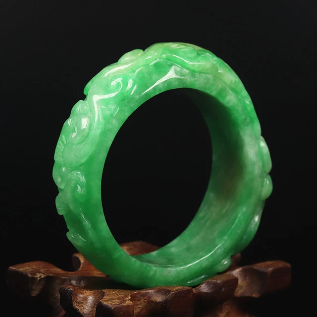 52mm Natural Emerald Green Jadeite Jade Bangle Bracelet Handcarved Dragon 11588