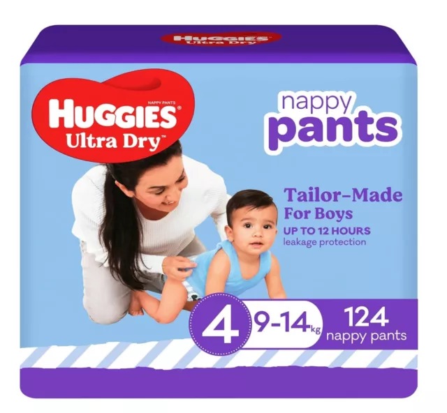 Huggies Ultra Dry Nappy Pants Boy Size 4 (9-14Kg) 124 Count (2 X 62 Pack) -New A