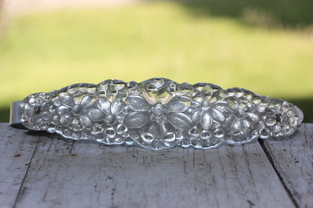 Vtg Pair Clear Pressed Glass Oblong Curtain Tie Back Floral Rosette Draipery