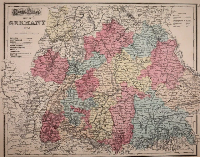 Authentic 1876 O.W. Gray Atlas Map ~ GERMANY - BAVARIA ~ FreeS&H   Inv#185