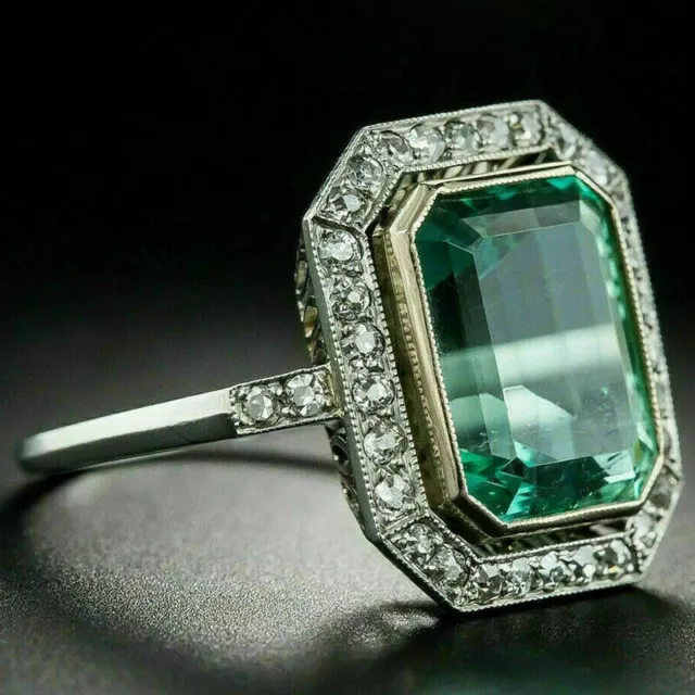 Art Deco 5 Ct Colombian Emerald Cut Women Ring 14K White Gold plated lab-created