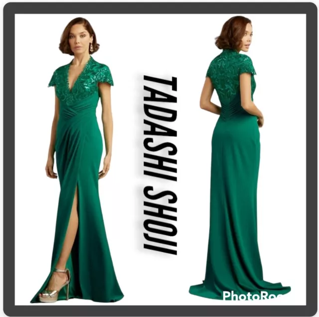 NWT $548  TADASHI SHOJI Percy Sequin Drape Gown in Crepe in Emerald Green sz 12