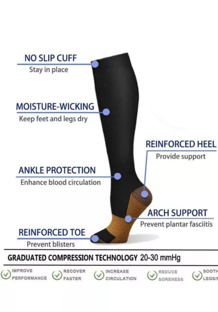 Unisex Copper Infused Anti-Fatigue Compression Socks Varicose Vein Stocking Pair