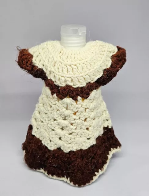 Vintage Cottagecore Handmade Crochet Ivory Brown Dish soap or Doll Dress