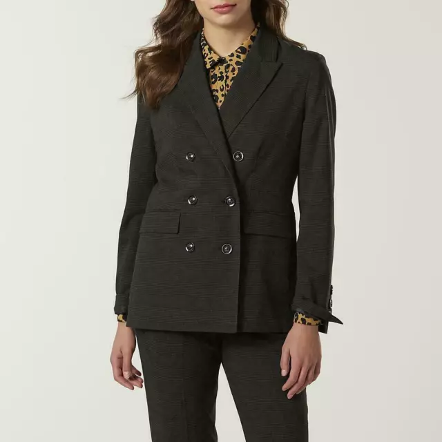 Women's Double Breasted Blazer Jacket Suit Coat Plaid Check BLACK Small $44