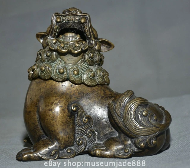 5.4 " Old Chinese Copper Dynasty Fengshui Foo Fu Lion Dog incense burner censer