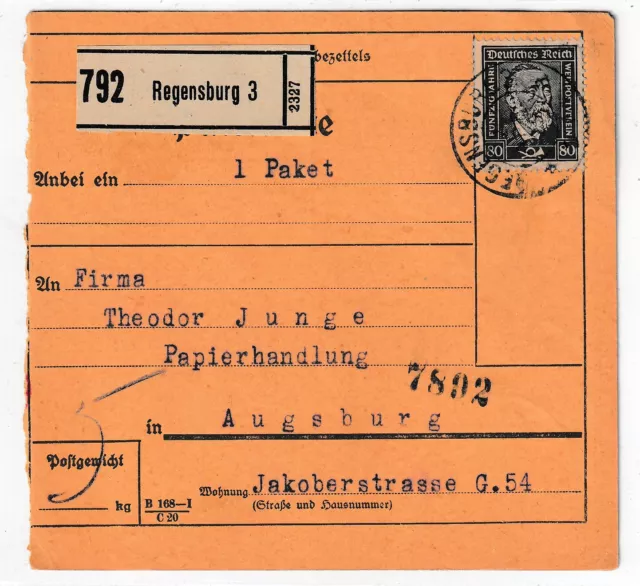 Dt. Reich 1925: 80 Pfg. Stephan auf Paketkarte