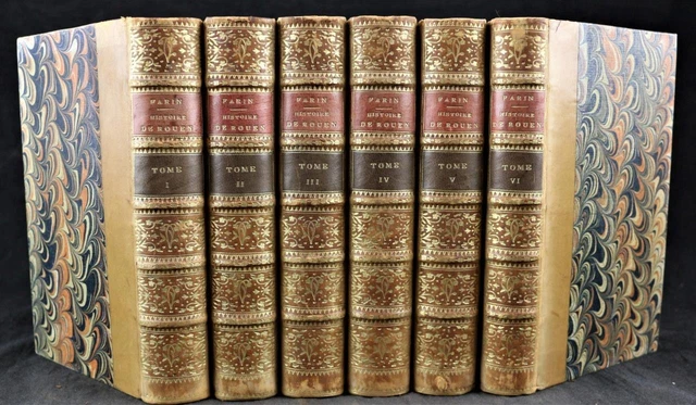 1738 FRANCOIS FARIN, HISTOIRE de la VILLE de ROUEN, 6 VOLS, CALF GILT BINDINGS
