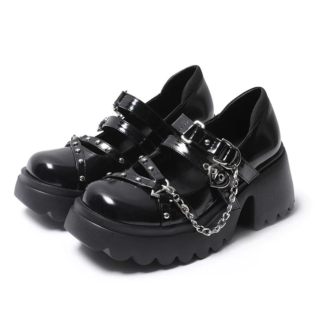 Punk Street Style Women Thick Sole Chain Mary Jane Shoes Round Toe Mid Heels Sz