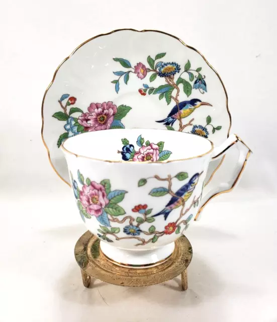 Aynsley Footed Tea Cup And Saucer Bird On Branch With Blue Pink Flowers