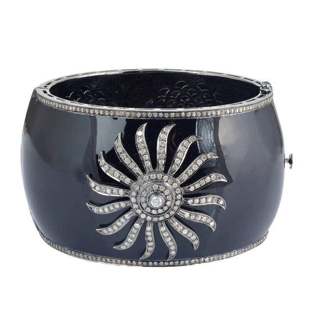 Natural Rosecut Diamond Polki 925 Sterling Silver Wedding Enamel Bangle