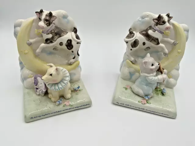 Vtg Pair of Mother Goose Bookends Hey Diddle Diddle Cat and Fiddle Cow