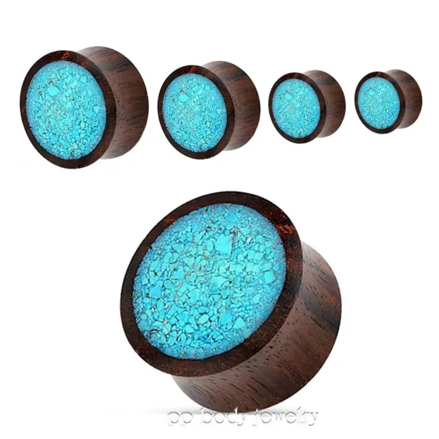 PAIR Organic Sono Wood with Crushed Turquoise Center Saddle Ear Plugs 2G to 1"