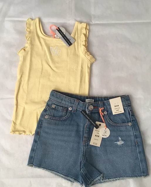 River island mini girls aged 3-4 years yellow frilly top jeans shorts set BNWT 2