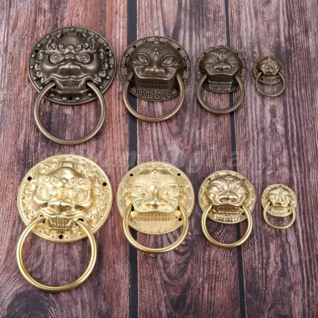 Antique Brass Cabinet Knob Lion Head Drop Ring Dresser Drawer Door Pull Decor 2