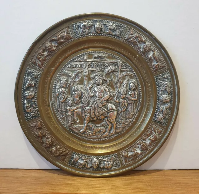 Small Antique 19th Century Indian Brass Dish with Silver & Copper Relief (Deity)