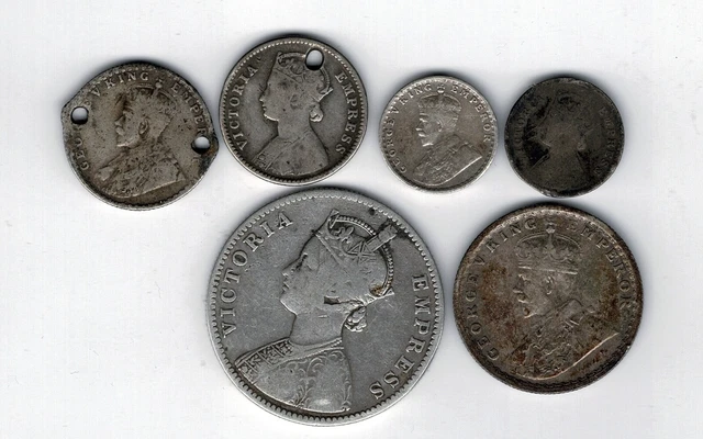6 different .917 silver coins from India : 1882 - 1917 : 25.6g