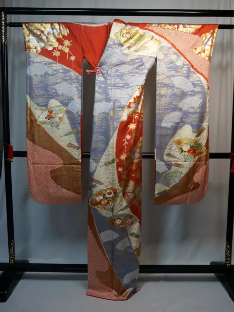 Japanese kimono SILK"FURISODE" long sleeves, Embroidery, Shibori, L64"..2726
