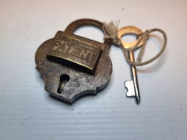 Vintage 'Patent' Padlock With Key - Approx 6cm Tall - Working