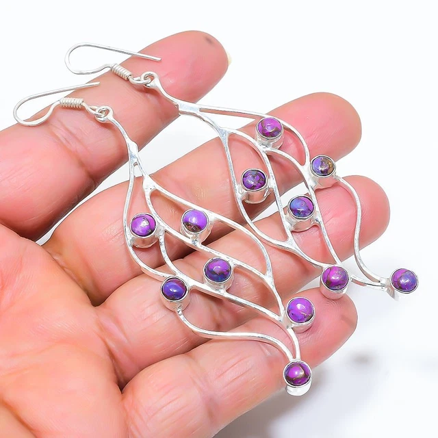 Copper Purple Turquoise Gemstone 925 Sterling Silver Jewelry Earring 3.59" g979