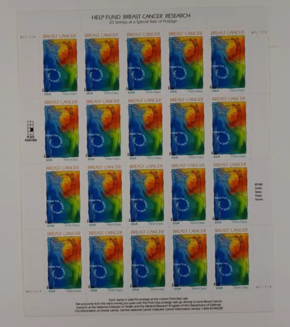 Us Scott B1 Sheet Of 20 Breast Cancer Research Stamps Mnh