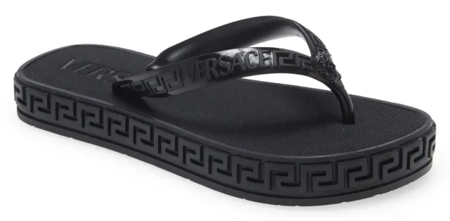 Versace Women's Medusa Greek Key Pool Slides Thong Sandals Black Size 37 / US 7